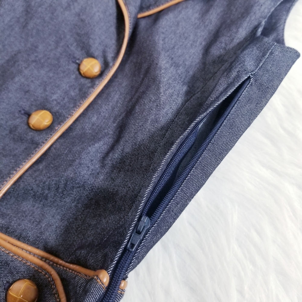 ZARA blue denim midi dress with faux leather trim - Picture 3 of 6